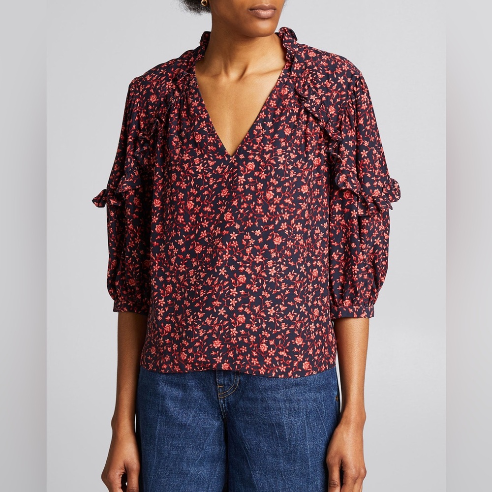 FRAME Cali Printer Ruffle Silk Top in Navy/Pink Floral size Small (S)